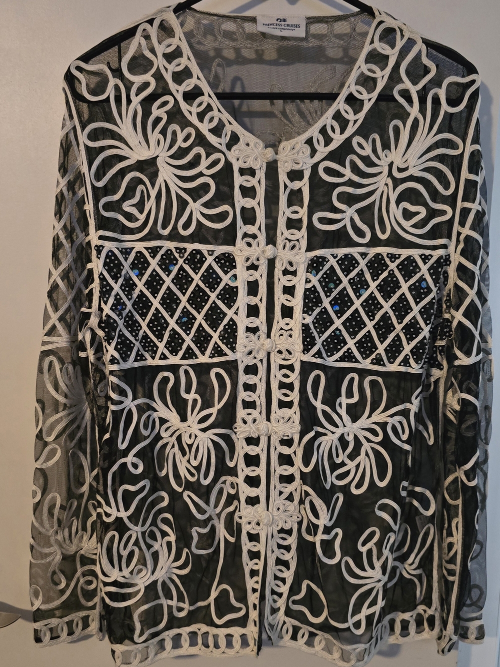 Women's Black Sheer Embroidered Tunic with White Trim